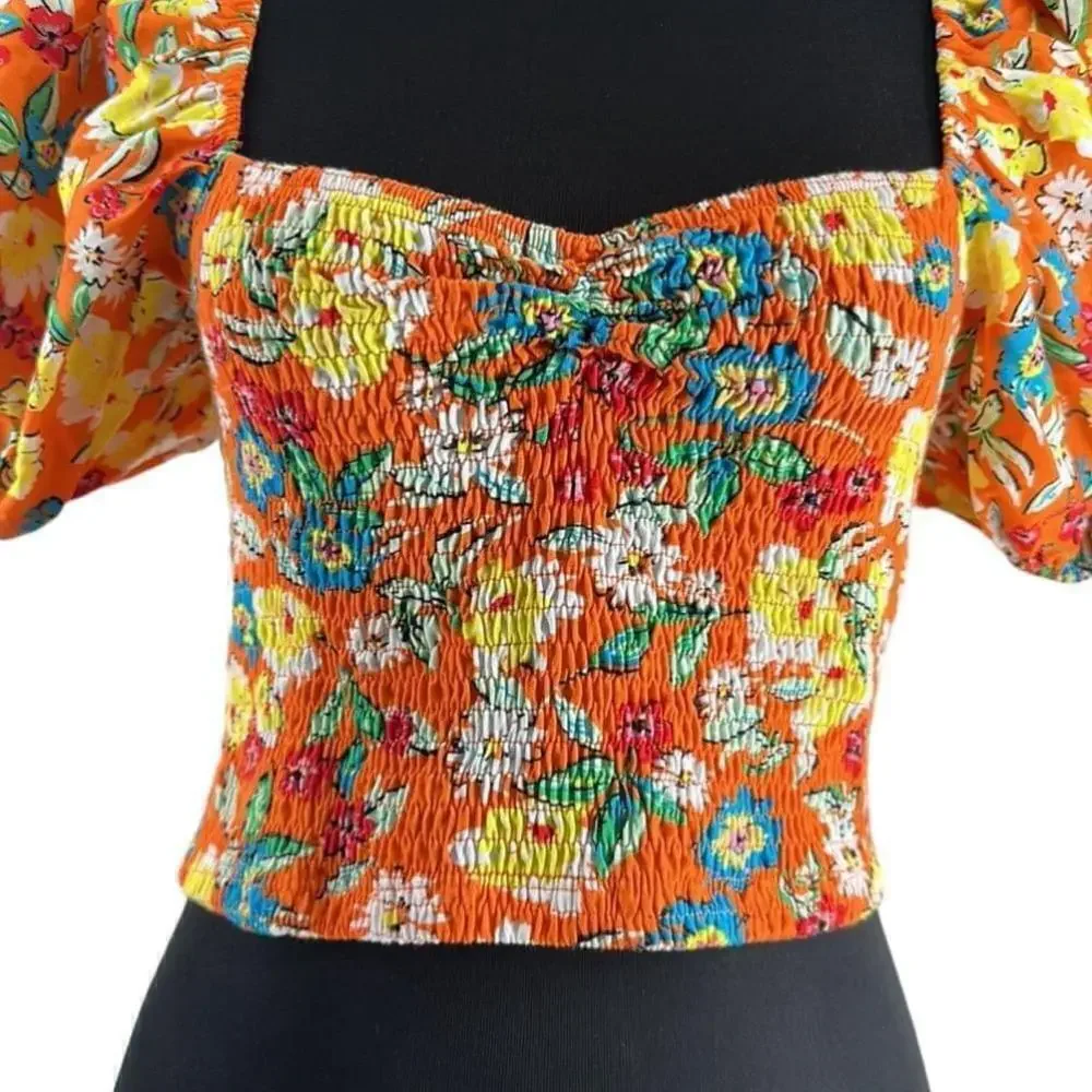 Zara Womens Balloon Sleeve Crop Top Flounce shirt l Orange Floral sz lg NWT - Picture 4 of 10